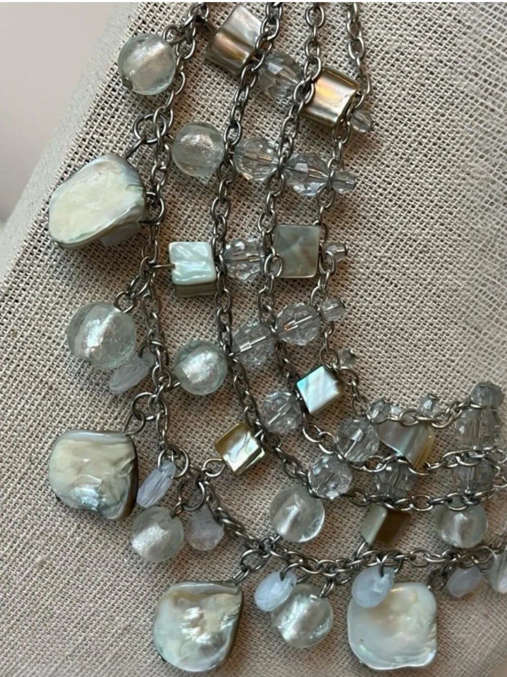 Vintage Silver Chain Multi Strand Natural Abalone Bib Necklace